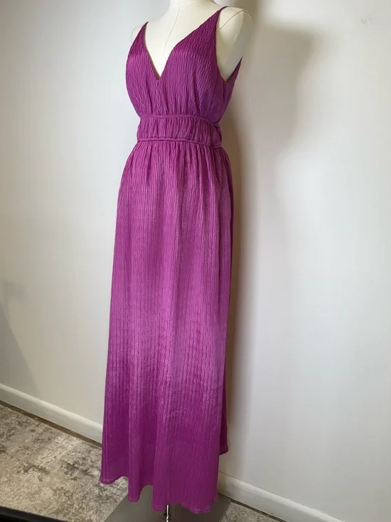 TAYLOR Magenta Pleated V-Neck Maxi Dress Flowy Silky Women’s Size Small - Picture 4 of 11